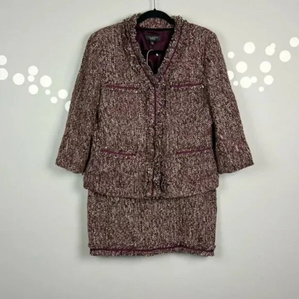 NWT Talbots Tweed Blazer Skirt Suit Set Size 12/12P Burgundy Classic Workwear
